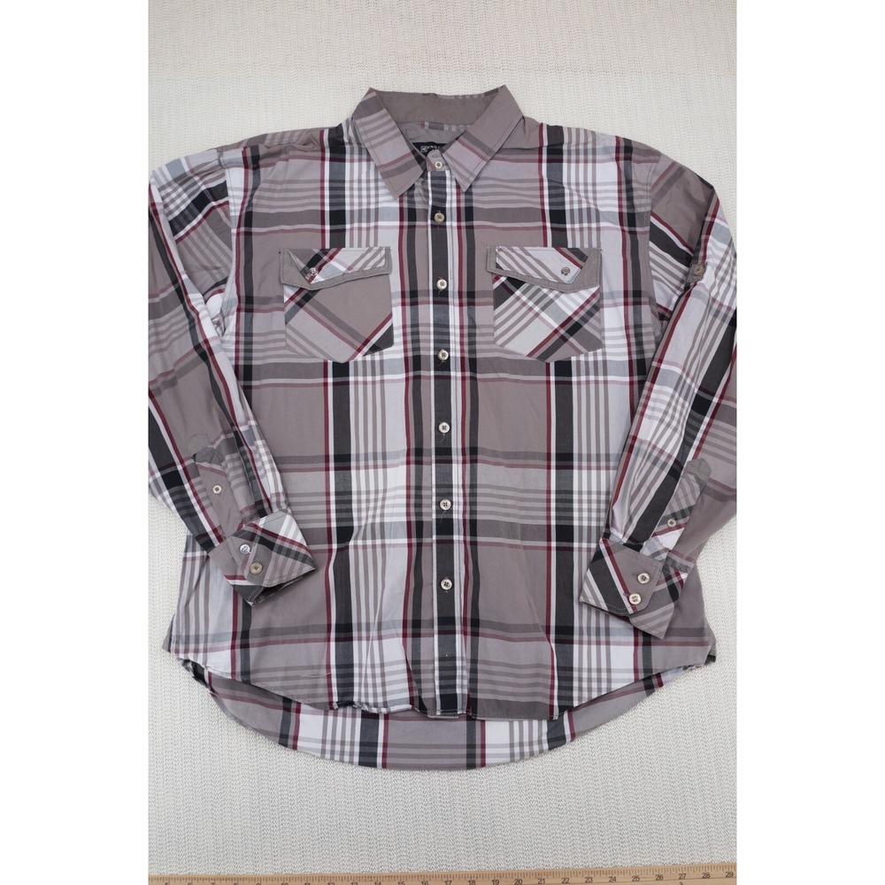 Knockout Jeans Shirt Mens 2XL XXL Gray White Plaid Long Sleeve Streetwear